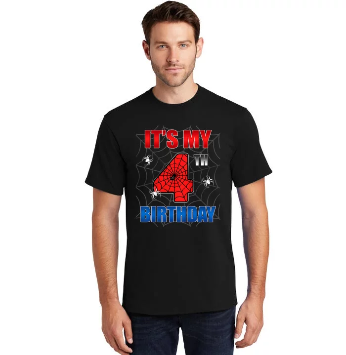 Spider Web Four 4 Years Old ItS My 4th Birthday Boy Party Tall T-Shirt