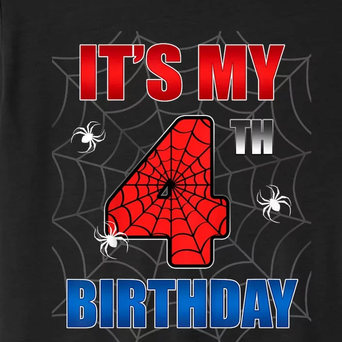 Spider Web Four 4 Years Old ItS My 4th Birthday Boy Party ChromaSoft Performance T-Shirt