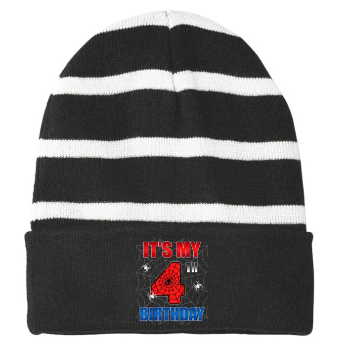 Spider Web Four 4 Years Old ItS My 4th Birthday Boy Party Striped Beanie with Solid Band