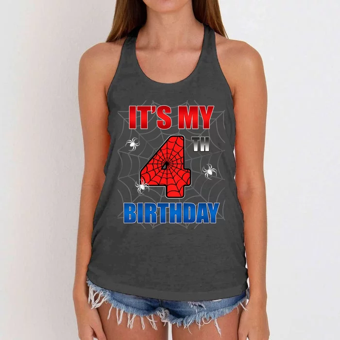 Spider Web Four 4 Years Old ItS My 4th Birthday Boy Party Women's Knotted Racerback Tank