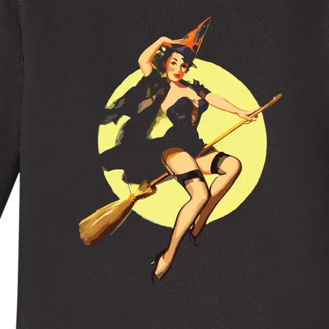 Sexy Witch Flying Broom Halloween Baby Long Sleeve Bodysuit