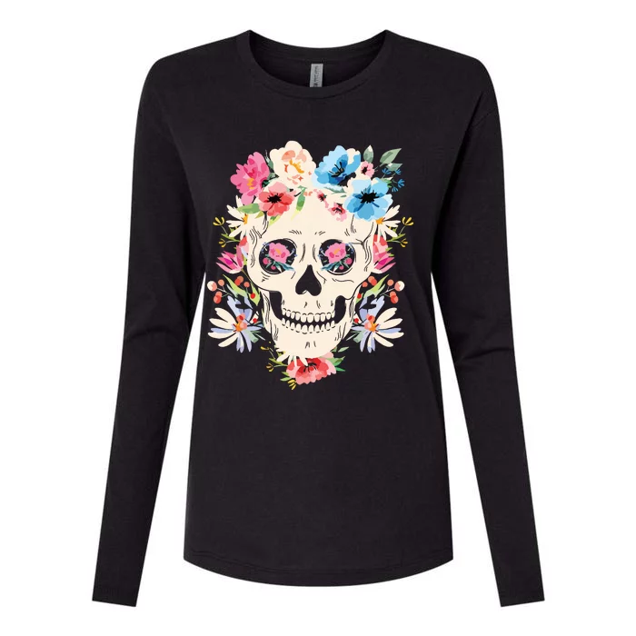 Skull With Flowers For Mexican Holidays Womens Cotton Relaxed Long Sleeve T-Shirt