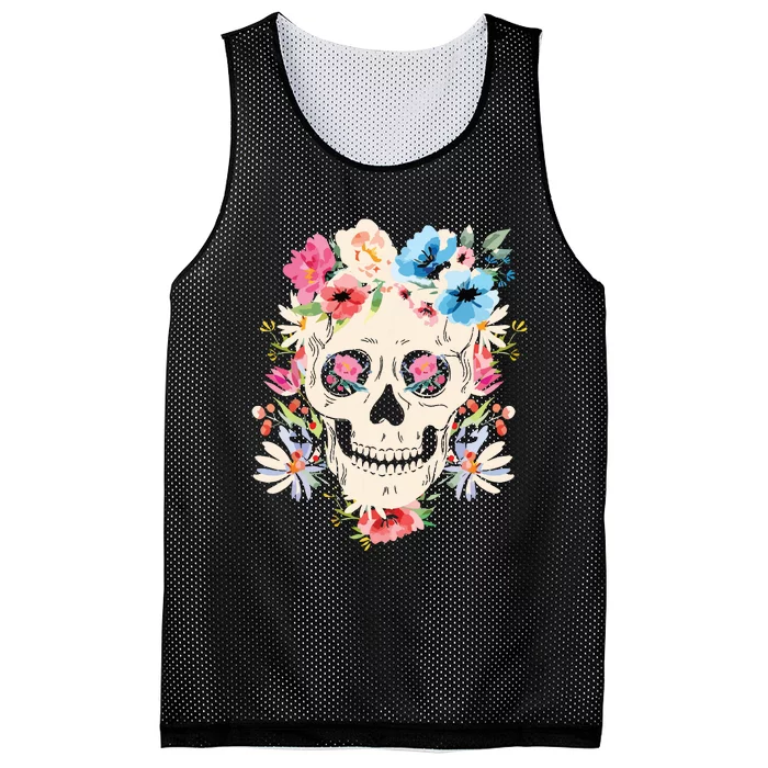 Skull With Flowers For Mexican Holidays Mesh Reversible Basketball Jersey Tank