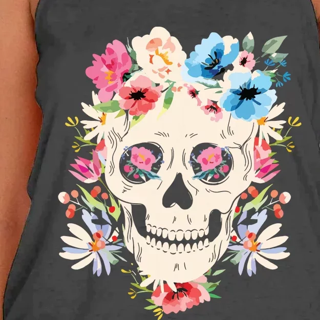 Skull With Flowers For Mexican Holidays Women's Knotted Racerback Tank