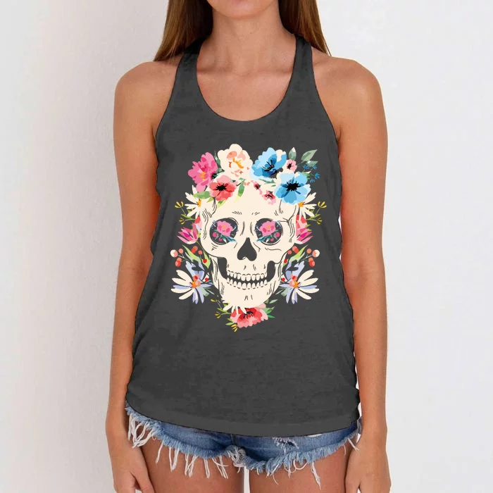 Skull With Flowers For Mexican Holidays Women's Knotted Racerback Tank