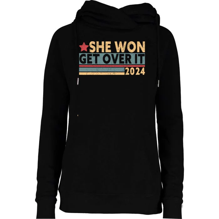 She Won Get Over It 2024 Madam President 47th Kamala Harris Womens Funnel Neck Pullover Hood