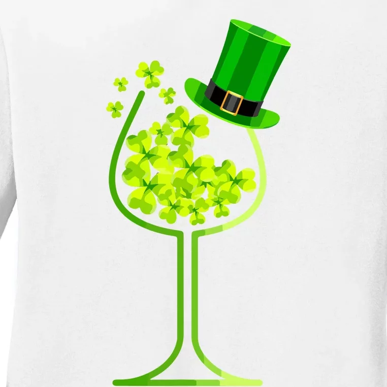 Shamrock Wine Glass Funny St Patricks Day Ladies Long Sleeve Shirt