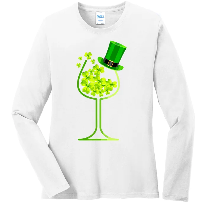 Shamrock Wine Glass Funny St Patricks Day Ladies Long Sleeve Shirt