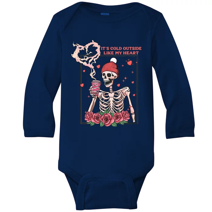 Skeleton With Hearts Drinking Coffee Valentine Valentine's Day Love Lover Couple Baby Long Sleeve Bodysuit