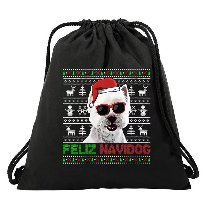 S West Highland White Terrier Dog Feliz Navidog Christmas Vneck Drawstring Bag