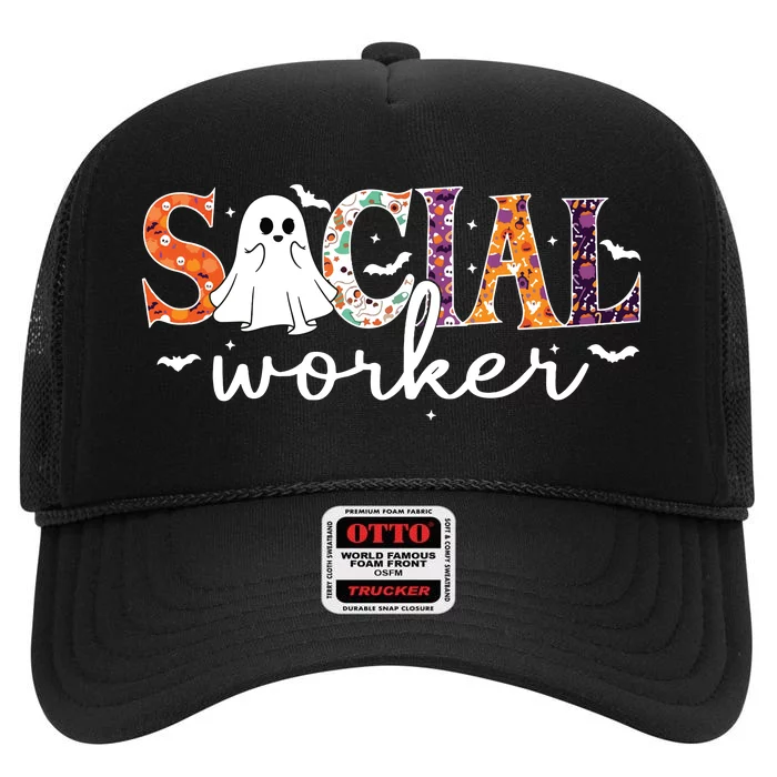 Social Worker Halloween Retro Ghost Halloween Social Worker High Crown Mesh Trucker Hat