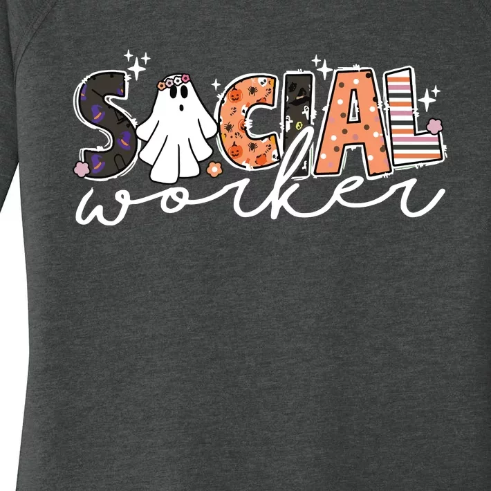 Social Worker Halloween School Social Work Retro Ghost Funny Women's Perfect Tri Tunic Long Sleeve Shirt