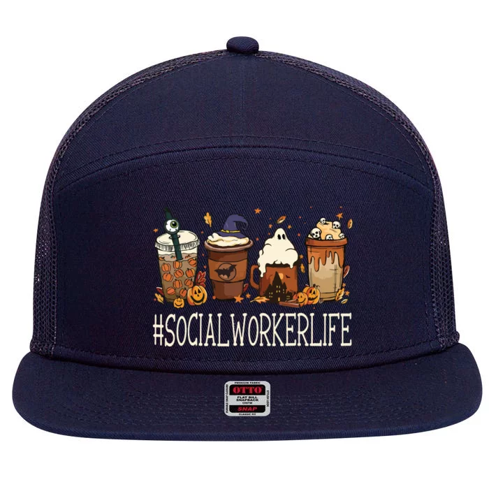 Social Worker Horror Fall Coffee Halloween Pumpkin Autumn 7 Panel Mesh Trucker Snapback Hat