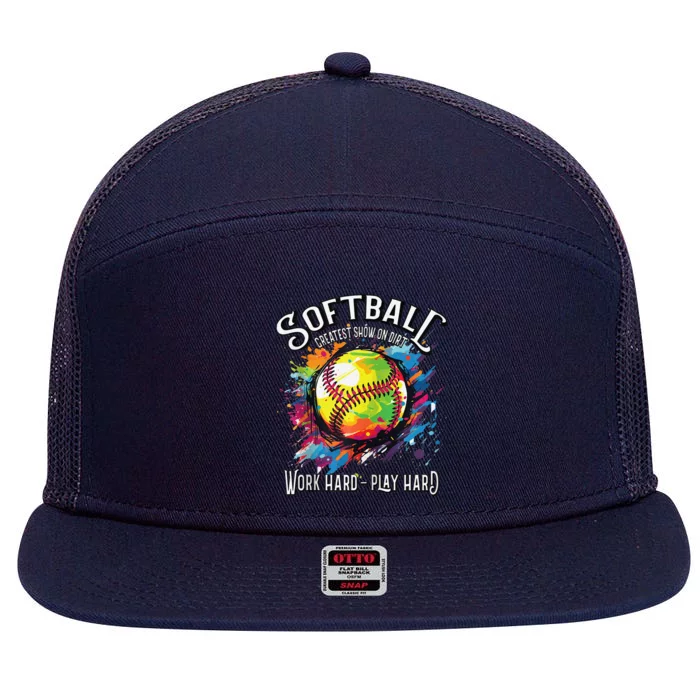 Softball Work Hard Play Hard Fastpitch Slowpitch Softball 7 Panel Mesh Trucker Snapback Hat