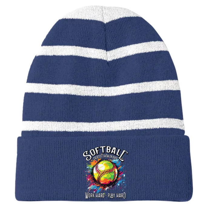 Softball Work Hard Play Hard Fastpitch Slowpitch Softball Striped Beanie with Solid Band