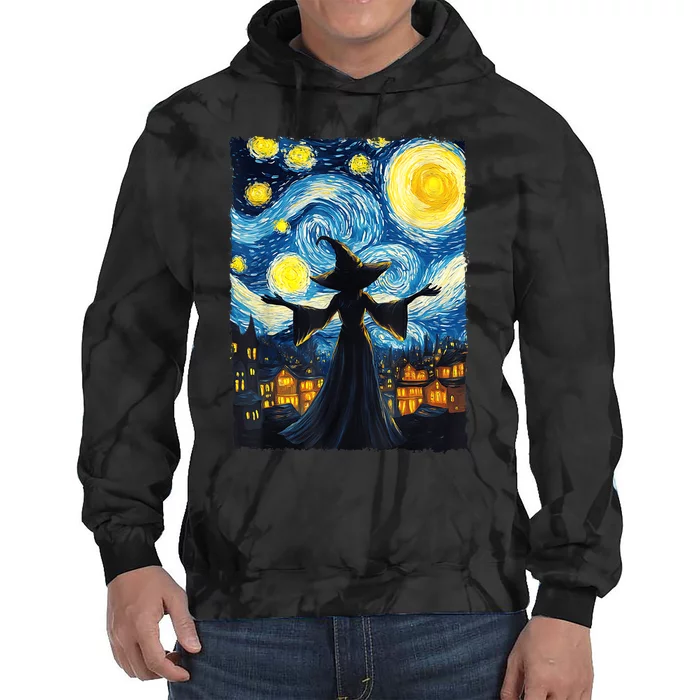 Salem Witch Halloween Starry Night Van Gogh Sky Painting Art Tie Dye Hoodie