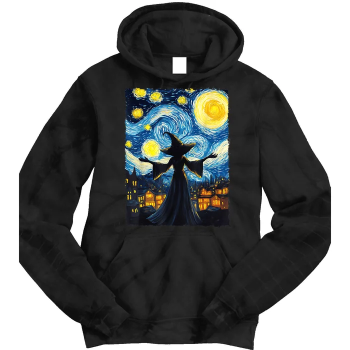 Salem Witch Halloween Starry Night Van Gogh Sky Painting Art Tie Dye Hoodie