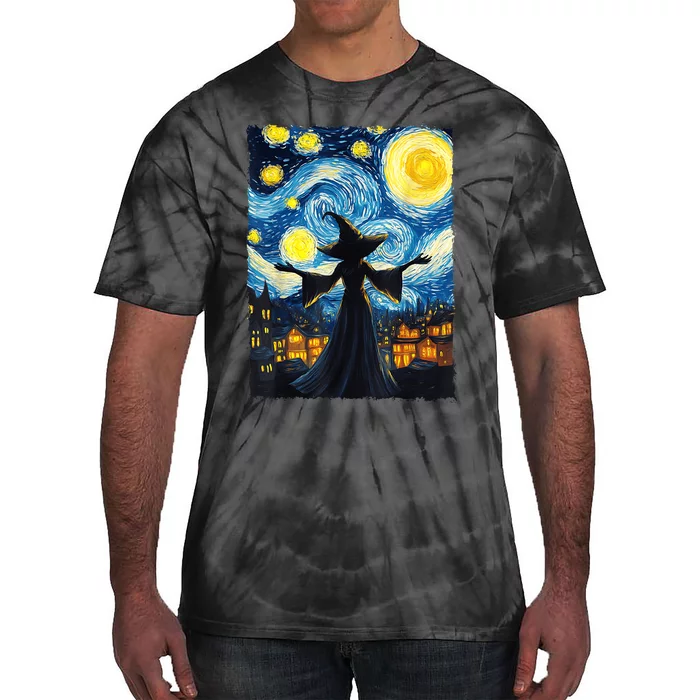 Salem Witch Halloween Starry Night Van Gogh Sky Painting Art Tie-Dye T-Shirt