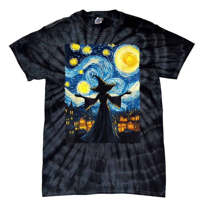 Salem Witch Halloween Starry Night Van Gogh Sky Painting Art Tie-Dye T-Shirt