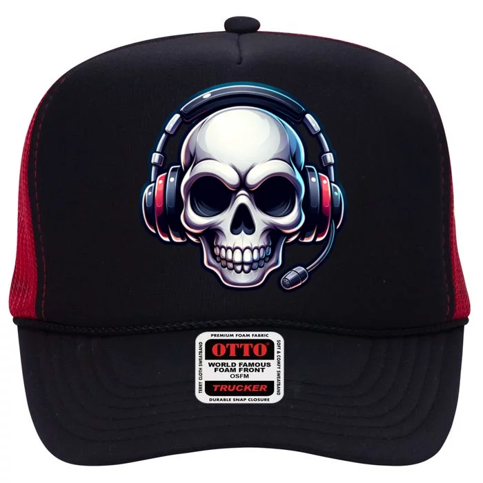 Skull With Headphones Headset Video Gamer Graphic Gift High Crown Mesh Trucker Hat