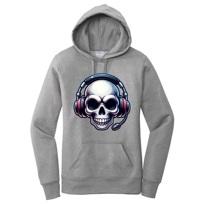 Skull With Headphones Headset Video Gamer Graphic Gift Women's Pullover Hoodie