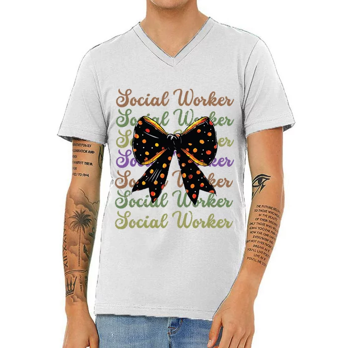 Social Worker Halloween Outfit Costume Coquette Bow Vintage V-Neck T-Shirt