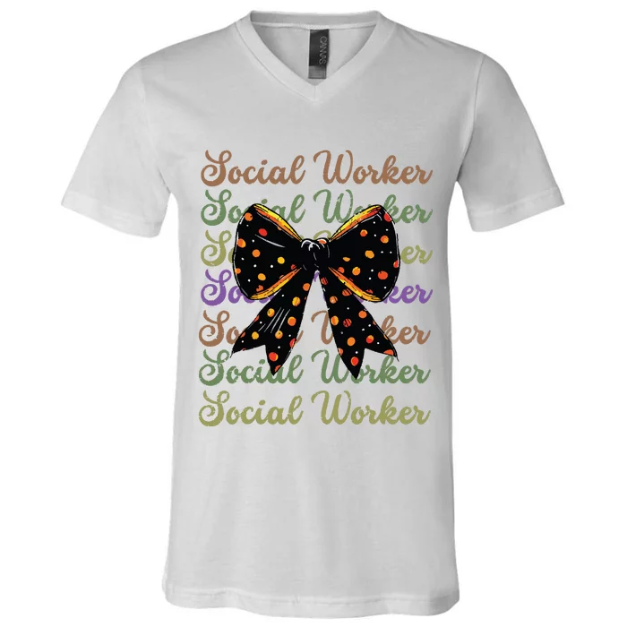 Social Worker Halloween Outfit Costume Coquette Bow Vintage V-Neck T-Shirt