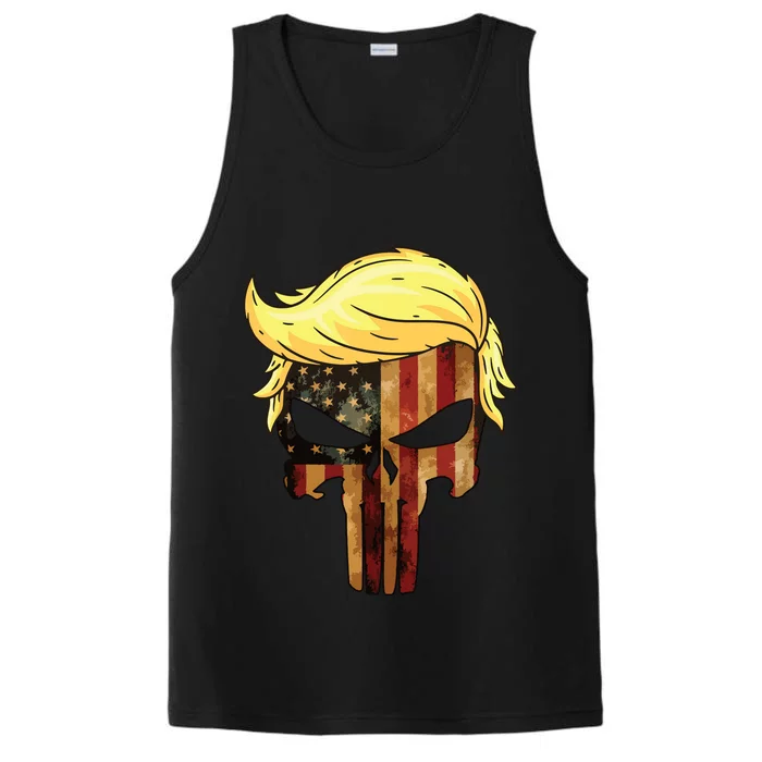 Skull With Iconic Trump Hair President Flag America Performance Tank