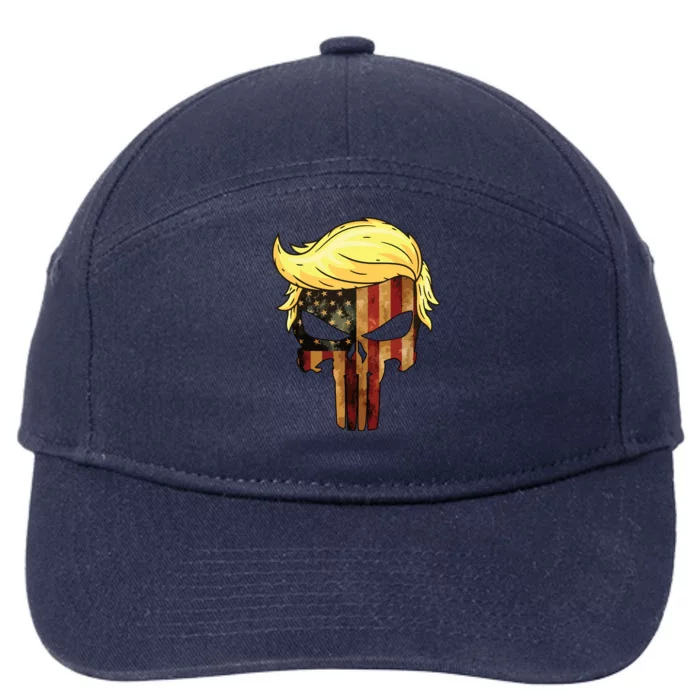 Skull With Iconic Trump Hair President Flag America 7-Panel Snapback Hat