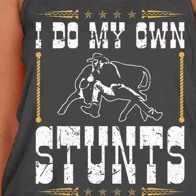 Steer Wrestling I Do My Own Stunts Rodeo Bulldogging Women's Knotted Racerback Tank