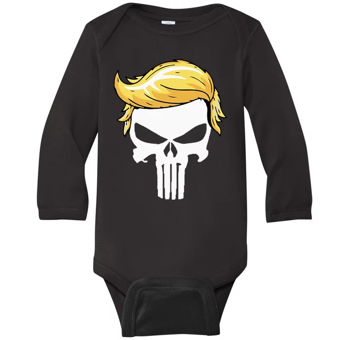 Skull With Iconic Trump Hair President Supporter Baby Long Sleeve Bodysuit