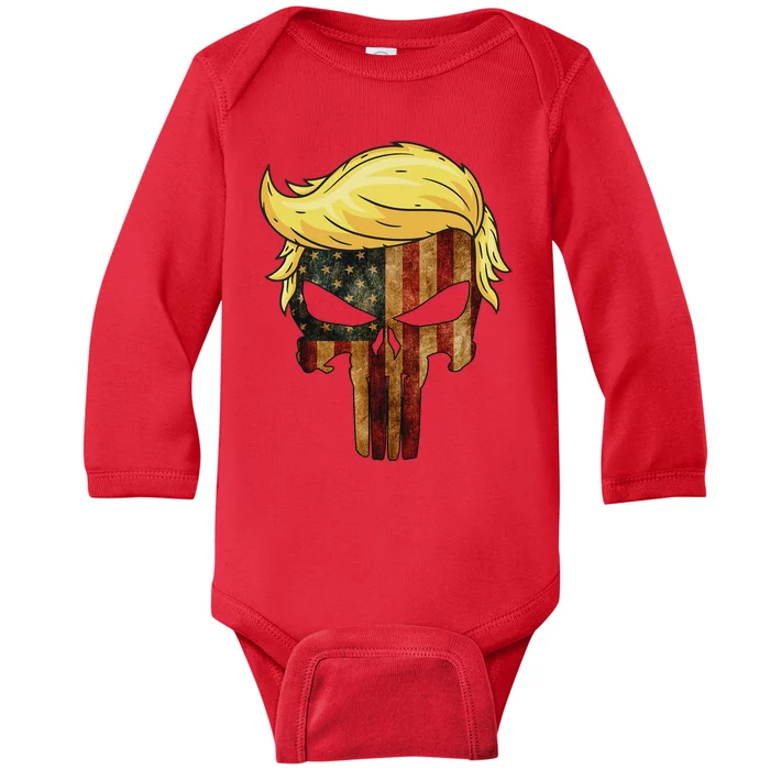 Skull With Iconic Trump Hair American Flag Baby Long Sleeve Bodysuit