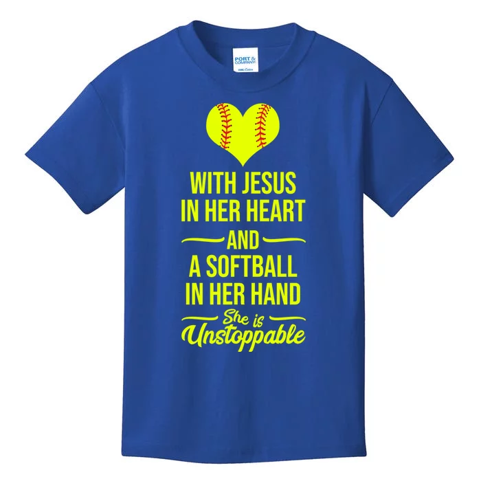 Softball With Jesus In Her Heart Softball Pitcher Cute Gift Kids T-Shirt