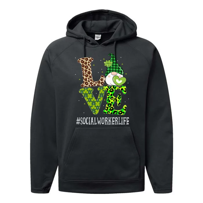 Social Worker Love St Patricks Day Gnome Leopard Performance Fleece Hoodie