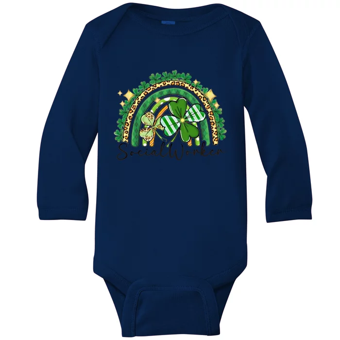 Social Worker Leopard Rainbow St Patricks Day Irish Shamrock Gift Baby Long Sleeve Bodysuit