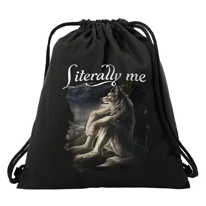 Sitting Wolf Literally Me Funny Meme Drawstring Bag