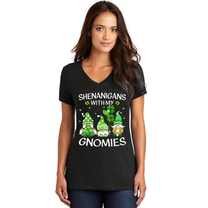 Shenanigans With My Gnomies Lucky Shamrock St Patricks Day Women's V-Neck T-Shirt