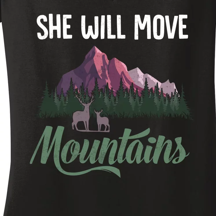 She Will Move Mountains Funny Camping Women's V-Neck T-Shirt