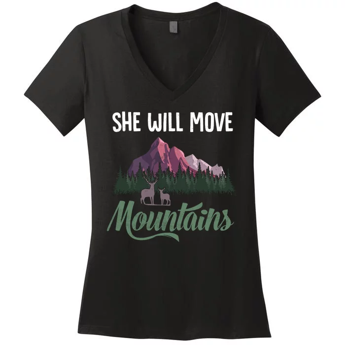 She Will Move Mountains Funny Camping Women's V-Neck T-Shirt