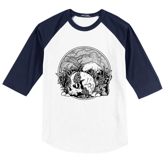 Skull With Morel Mushrooms Hunting Mycology Baseball Sleeve Shirt