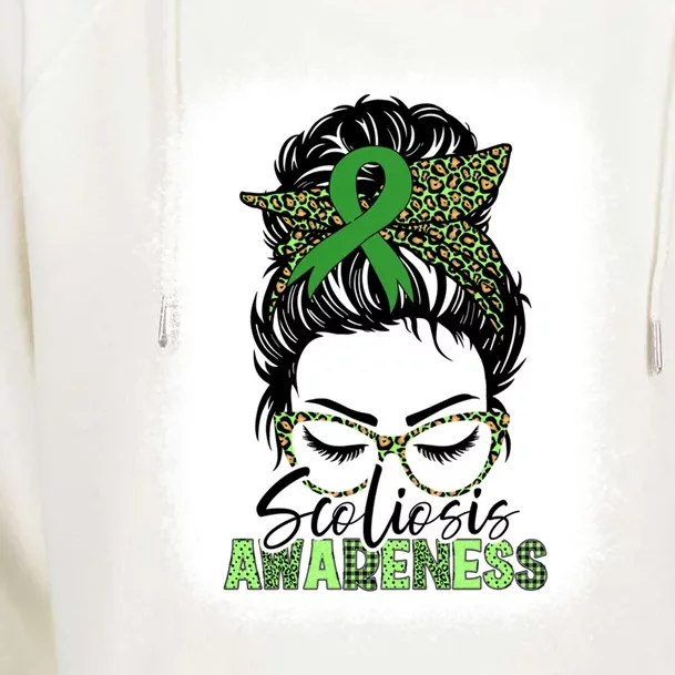 Scoliosis Warrior Messy Bun Bleached Scoliosis Awareness Gift Womens Funnel Neck Pullover Hood