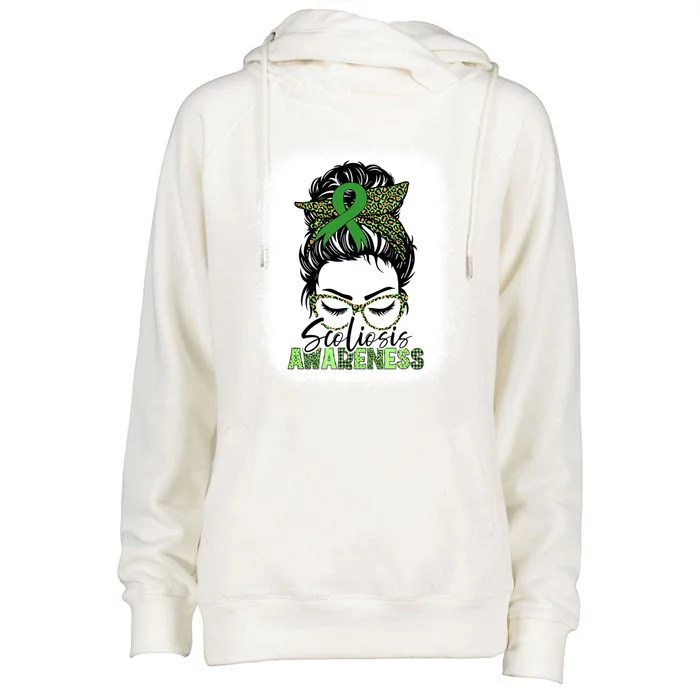 Scoliosis Warrior Messy Bun Bleached Scoliosis Awareness Gift Womens Funnel Neck Pullover Hood