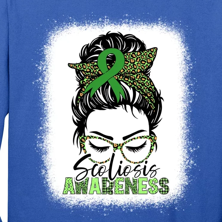 Scoliosis Warrior Messy Bun Bleached Scoliosis Awareness Gift Long Sleeve Shirt