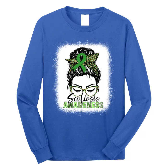 Scoliosis Warrior Messy Bun Bleached Scoliosis Awareness Gift Long Sleeve Shirt