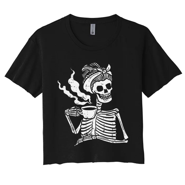 Skeleton Woman Mom Bun Coffee Funny Halloween Costume Women Women's Crop Top Tee