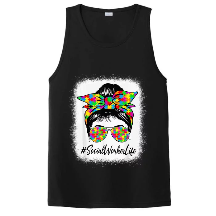 Social Worker Messy Bun Supporting Autism Awareness Month Performance Tank