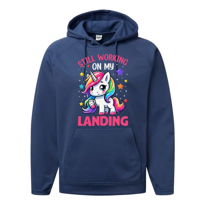 Still Working On My Landing Injury Broken Arm Cute Unicorn Performance Fleece Hoodie