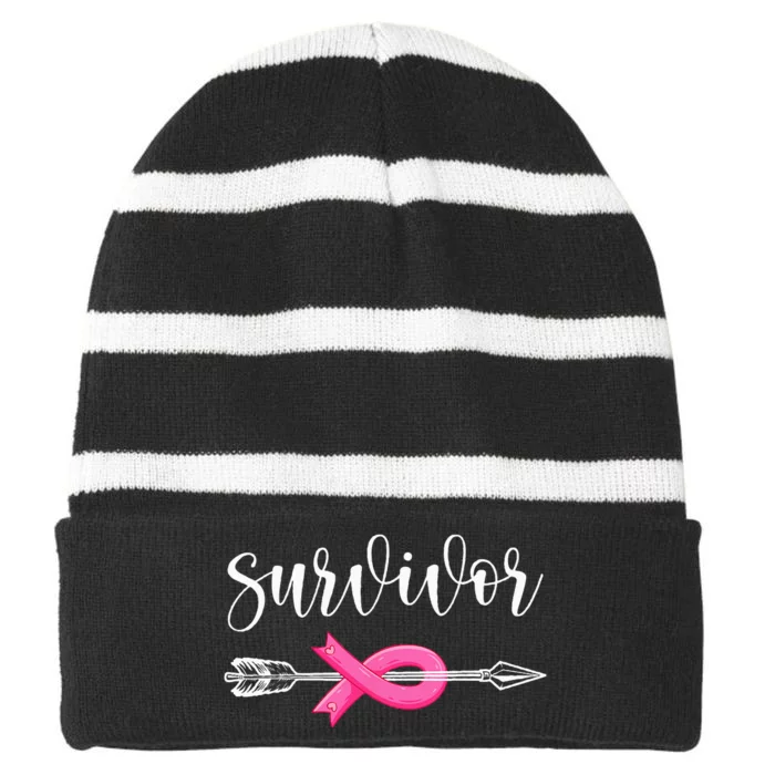 Survivor Warrior Pink Breast Cancer Ribbon Breast Cancer Striped Beanie with Solid Band