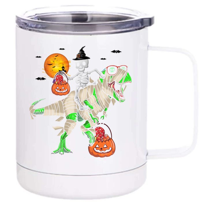 Skeleton Witch Riding TRex Mummy Halloween Gift Front & Back 12oz Stainless Steel Tumbler Cup