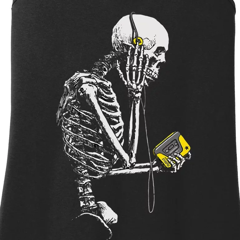 Skeleton With Retro Headphones Music Cassette Player Ladies Essential Tank